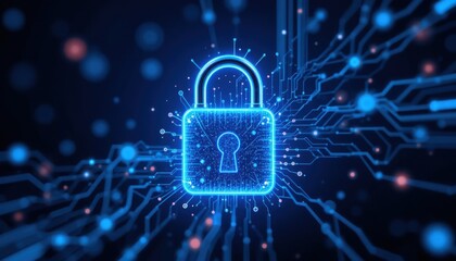 Cybersecurity Glowing Blue Padlock on Circuit Board, Digital Security Concept