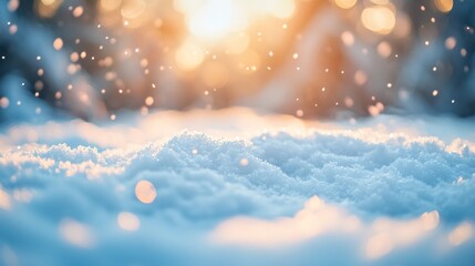 A close-up shot of snow-covered ground with snowflakes falling