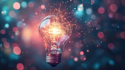 A light bulb glowing with vibrant colors and sparks, representing innovation and creativity in the digital space. The background is blurred to emphasize the lighting effect of the bulb.