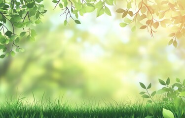 Serene blurred spring landscape featuring a sunlit lawn with vibrant green grass and gentle trees in a tranquil natural setting