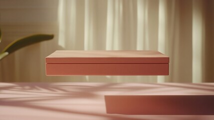 Peach box floats above surface, with soft shadow, plant, and curtains background