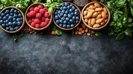 Obraz premium Fresh Berries, Nuts, and Herbs Arranged on Dark Stone Surface