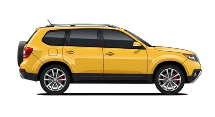 Fototapeta premium A vector illustration of a modern yellow car SUV, side view, with black trim and silver alloy wheels. Isolated on white background. Perfect for automotive concepts and transportation themes.
