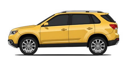 Obraz premium A vector illustration of a modern yellow car SUV, side view, with black trim and silver alloy wheels. Isolated on white background. Perfect for automotive concepts and transportation themes.