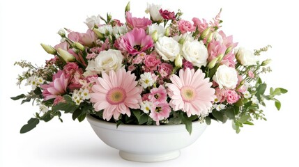 Fototapeta premium Vibrant beautiful bouquet of pink and white flowers arranged in a white vase during a March celebration
