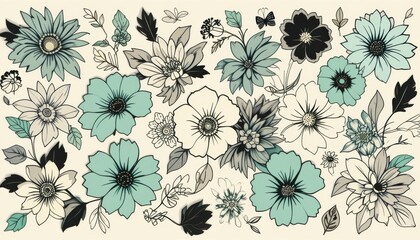 Elegant Mint and Cream Floral Arrangement Soft Hues, Bold Outlines, Botanical Design