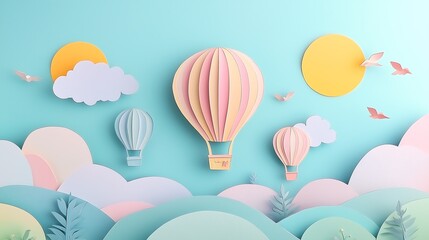 Pastel Paper Art Hot Air Balloons Floating Over Dreamy Landscape Adorable Illustration Featuring Cute Clouds and Birds