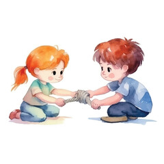 kid tug of war cute watercolors illustration on white background