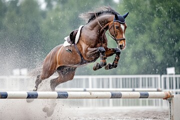 Horse jumps over a barrier while competing in an outdoor equestrian event in rainy weather