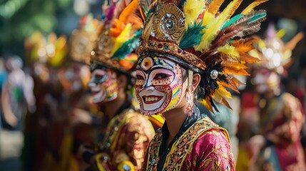 Obraz premium Smiling performers in colorful costumes wearing elaborate feathered headdresses