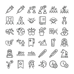 Icons Collection: A compilation of diverse icons, featuring a range of themes, from medical syringes to business handshakes and other symbolic elements, designed in a sleek, linear style.