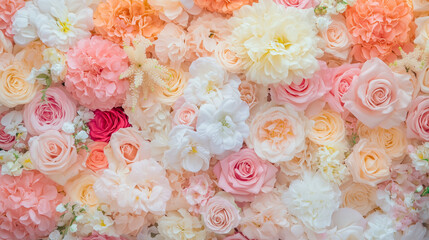 ピンクと白のバラや芍薬が敷き詰められた華やかなフラワーウォール