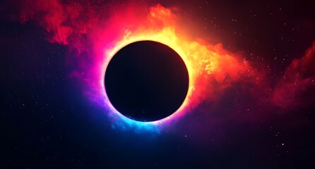 Fototapeta premium Abstract colorful light effects with a black hole sun eclipse in a dark sky. Illustration for banners or posters, featuring glowing elements and 3D rendering on a black background.