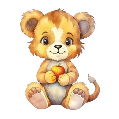 lion sitting cute watercolors illustration on white background