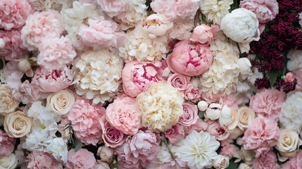 ピンクと白のバラや芍薬が敷き詰められた華やかなフラワーウォール