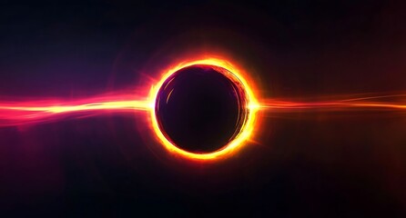 Abstract colorful light effects with a black hole sun eclipse in a dark sky. Illustration for banners or posters, featuring glowing elements and 3D rendering on a black background.