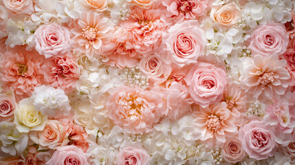 ピンクと白のバラや芍薬が敷き詰められた華やかなフラワーウォール