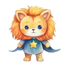 Obraz premium lion super hero cute watercolors illustration on white background