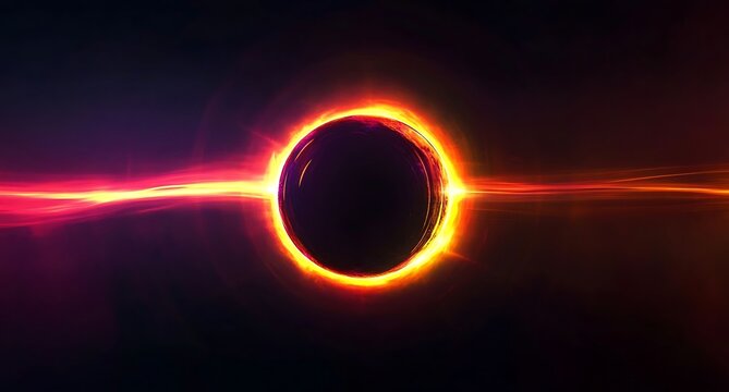 Abstract colorful light effects with a black hole sun eclipse in a dark sky. Illustration for banners or posters, featuring glowing elements and 3D rendering on a black background.