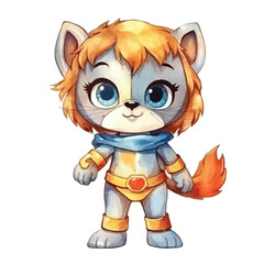 lion super hero cute watercolors illustration on white background