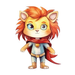lion super hero cute watercolors illustration on white background