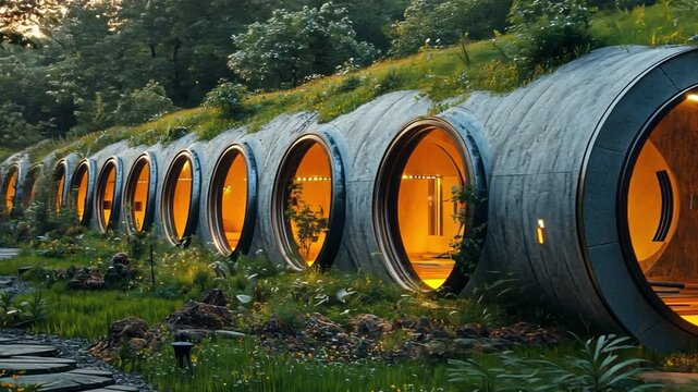 Innovative Earth Sheltered Homes: Unique cylindrical homes nestled into a hillside, creating a harmonious blend of modern architecture and natural surroundings.