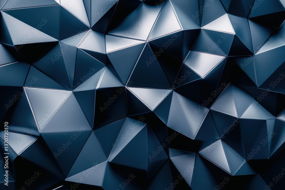 Poster Futuristic abstract pattern with metallic blue and gray tones in polygonal shapes and deep shadows creating a high-tech aesthetic