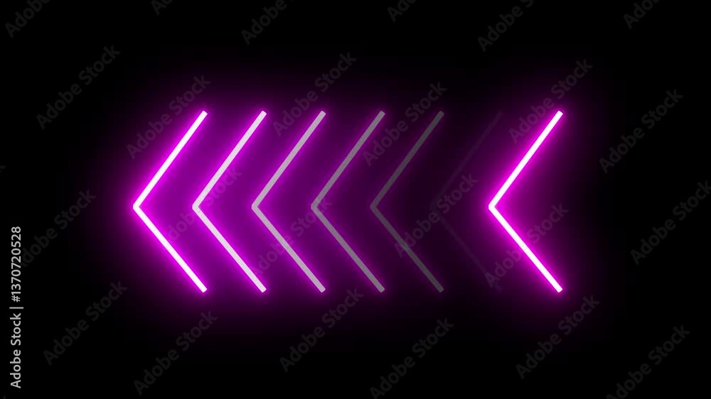 Poster seven 7 shapes of glowing purple neon arrows fade in and fade out motion animation graphic, right to