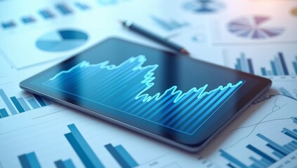 Many charts and graphs. Concept image of data gathering. Accounting data and tablet on gray reflection background
