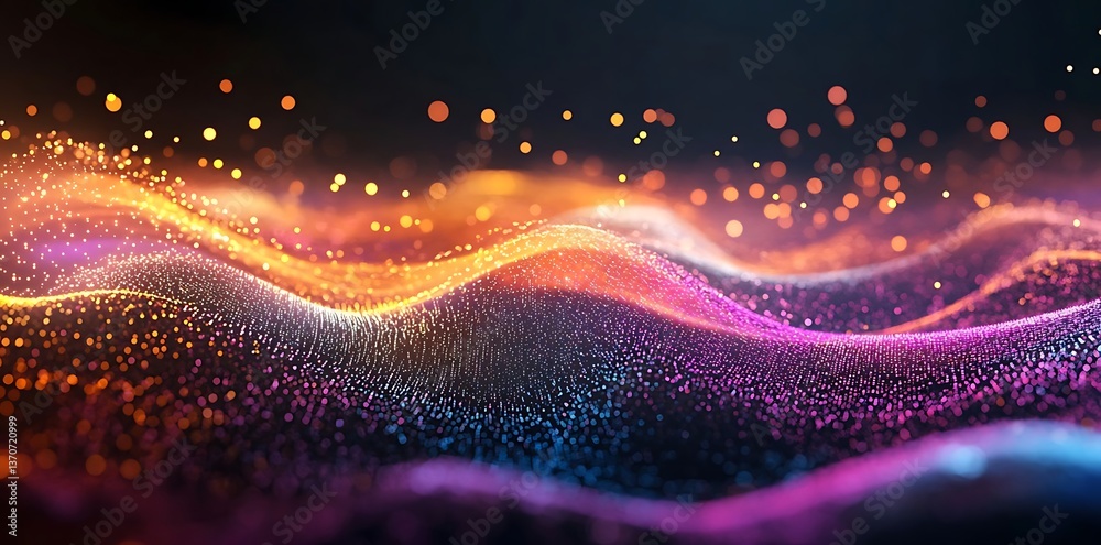 Poster abstract background featuring colorful, glowing light waves and connecting dots on a black backdrop,