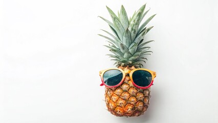 A pineapple with a fun tropical sunglasses design on a pure white background