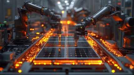 a robotic assembly line producing solar panel components seamlessly copy space, focus on innovation vibrant, multilayer in a sleek factory environment