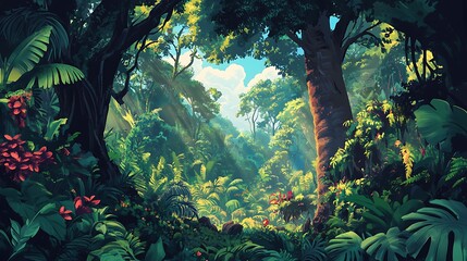 A vibrant rainforest with towering trees and thick underbrush