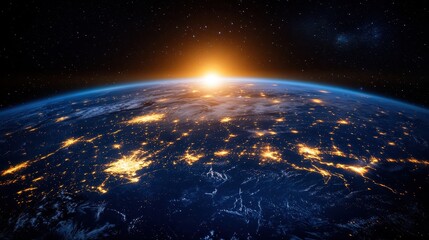 a digital globe with blockchain pathways lighting up international financial hubs close up, focus on connectivity dynamic, multilayer against a dark cosmic background