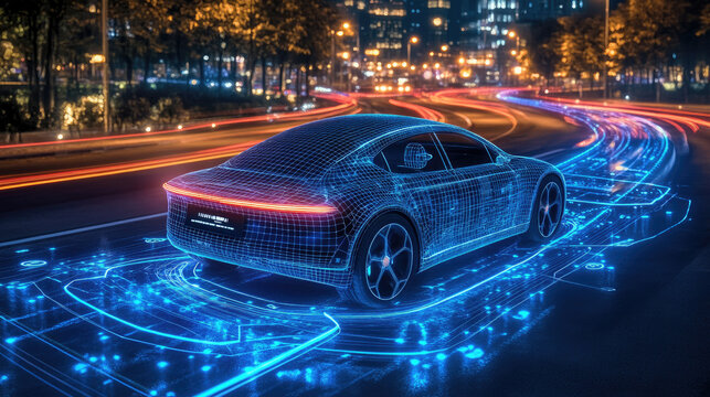 Futuristic electric car visualized with digital wireframe driving smart illuminated road,symbolizing autonomous vehicle technology,AI mobility systems,innovation in intelligent transportation networks