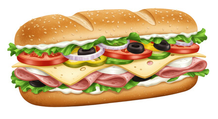 Isolated Sub Sandwich with Ham, Cheese and Vegetables