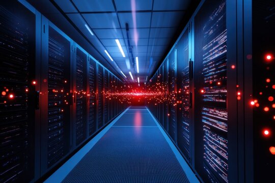 Data center corridor with illuminated servers and digital connections at night