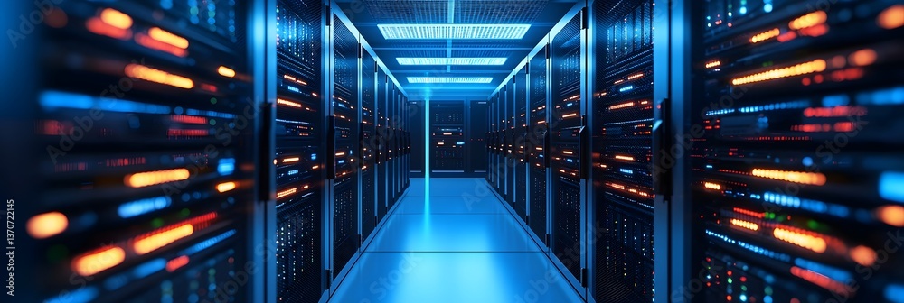 Poster Expansive futuristic server room filled with rows of blinking servers monitors and intricate cabling creating a dynamic technological environment