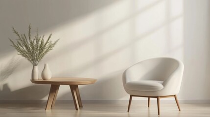 Cozy interior corner with a modern chair and elegant table bathed in soft sunlight during late afternoon