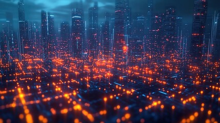 Naklejka premium A futuristic cityscape with glowing blue and orange lights, tall buildings