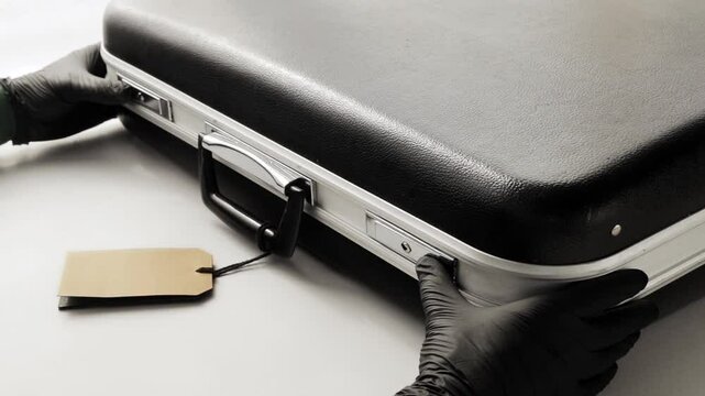 Hands in gloves open a suitcase with a tag to check for secret items, evidence with a tag on the handle, close-up on a white background.