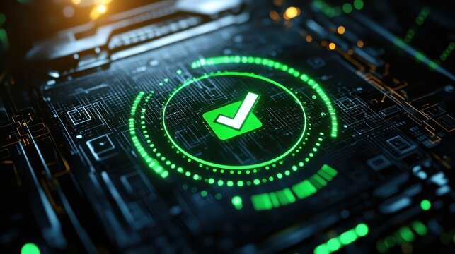 a digital lock with green checkmarks confirming system security close up, focus on reliability dynamic, composite over a futuristic network background