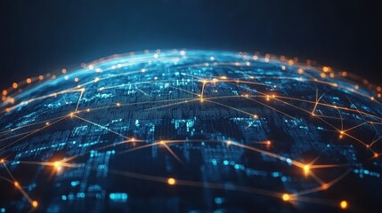 a digital globe with blockchain pathways lighting up international financial hubs close up, focus on connectivity dynamic, multilayer against a dark cosmic background