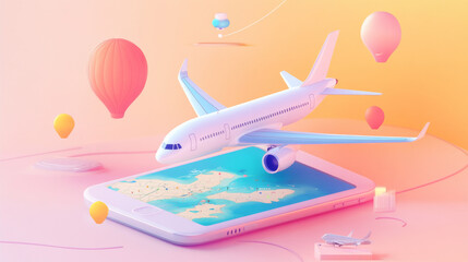 Buy airline ticket online isometric landing page with plane on runway, booking application on smartphone screen and bank card over world map. Airplane travel app for mobile phone 3d vector web banner