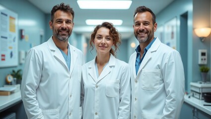 Fototapeta premium Medical professionals smiling confidently in a modern hospital corridor during the day