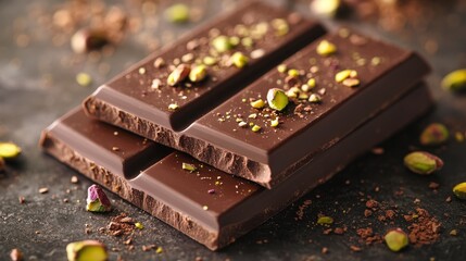 Rich dark chocolate studded with vibrant pistachios. A delicious, close-up treat with a blurred background