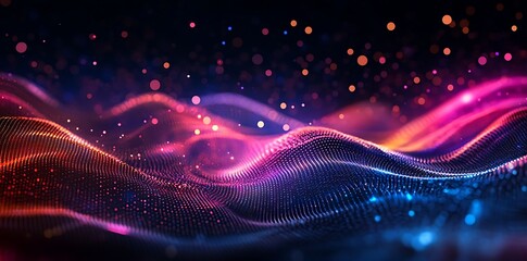 Fototapeta premium Abstract background featuring colorful, glowing light waves and connecting dots on a black backdrop, symbolizing digital data transfer and connectivity in a modern tech environment.
