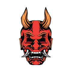 Oni mask japanese culture with horned red mask vector colored illustration