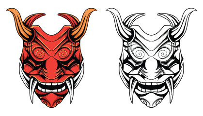 Collection oni mask Japanese culture with horned red mask vector colored and monochrome style illustration