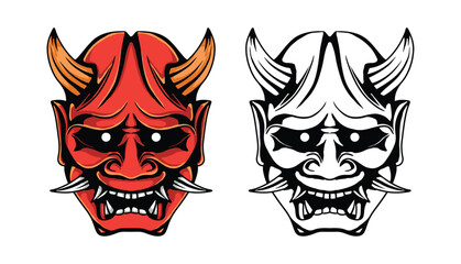 Collection oni mask Japanese culture with horned red mask vector colored and monochrome style illustration